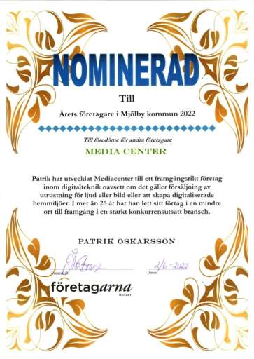 2022: Nominerad till: "Årets företagare i Mjölby Kommun"